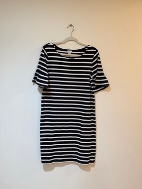 J. Crew Black & White Striped Ruffle-Sleeve Midi Dress